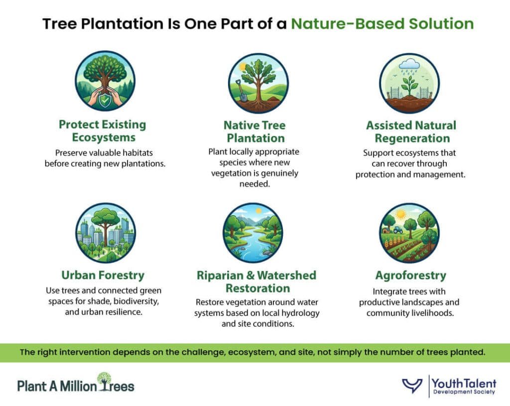 Nature-based solutions showing tree plantation, natural regeneration, urban forestry, watershed restoration and agroforestry
